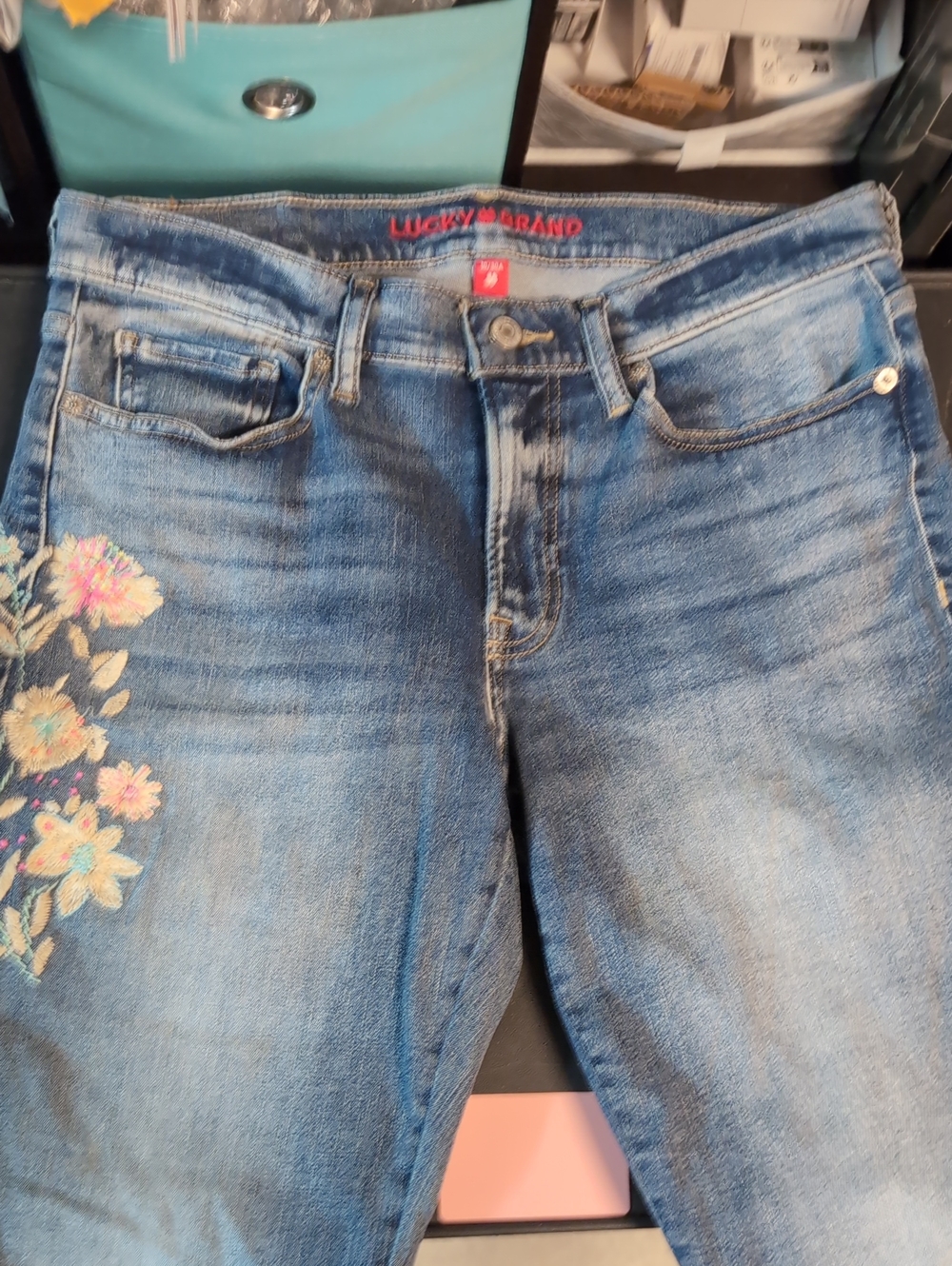 Lucky Brand Blue Straight-Leg Jeans with Floral Embroidery